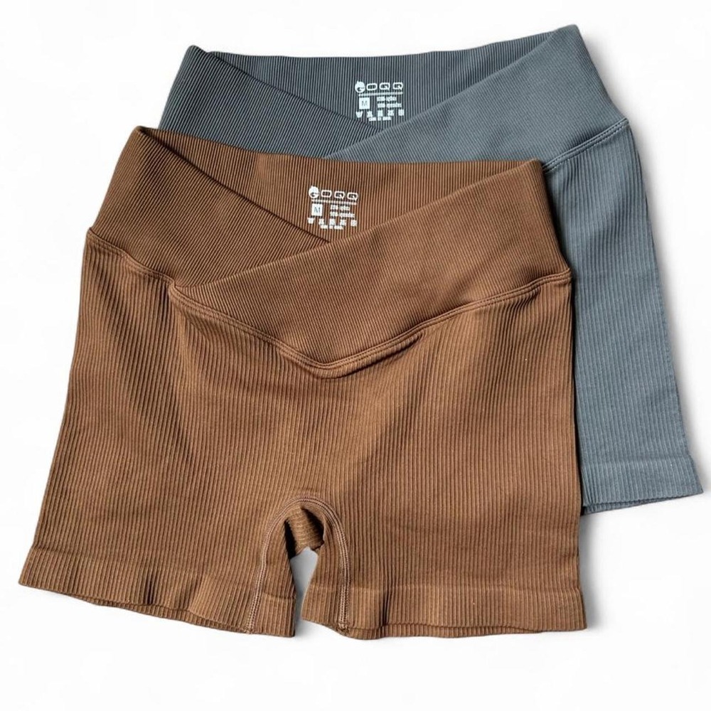 OQQ Active brown + blue grey ribbed cross waist bike shorts set of 2 size medium